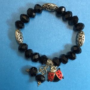 Black and Silver Beaded Ladybug Stretch Bracelet